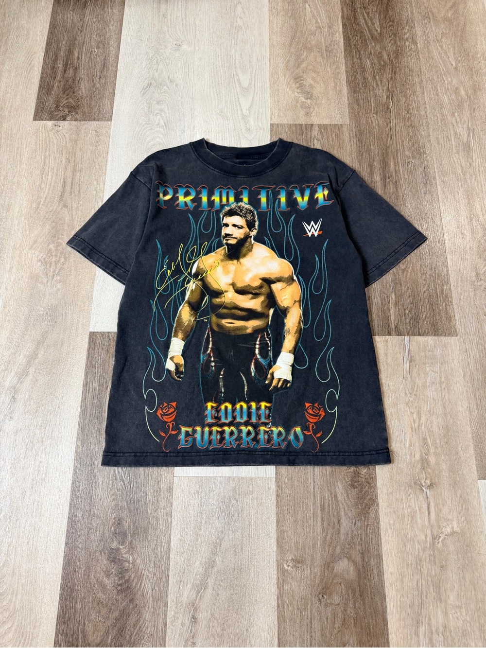 WWE Eddie Guerrero "Primitive" Black Graphic Tee with Multicolor Print